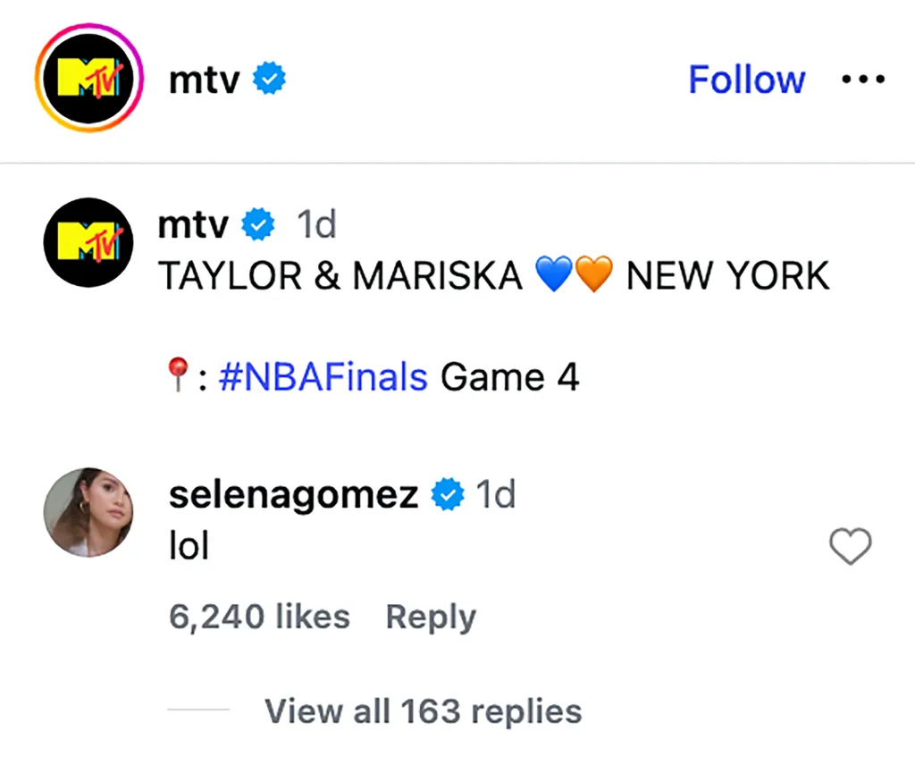 A screenshot of an Instagram post from MTV about Taylor and Mariska, with a comment from Selena Gomez saying "lol".