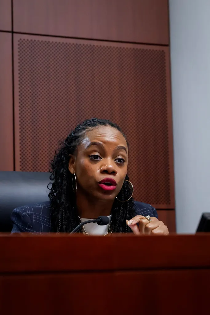 U.S. Representative Summer Lee speaks during a field hearing.