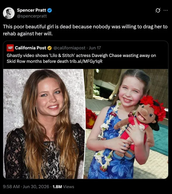A Twitter post from Spencer Pratt about Daveigh Chase's death, with a photo of Chase as an adult and a child holding a Lilo doll.