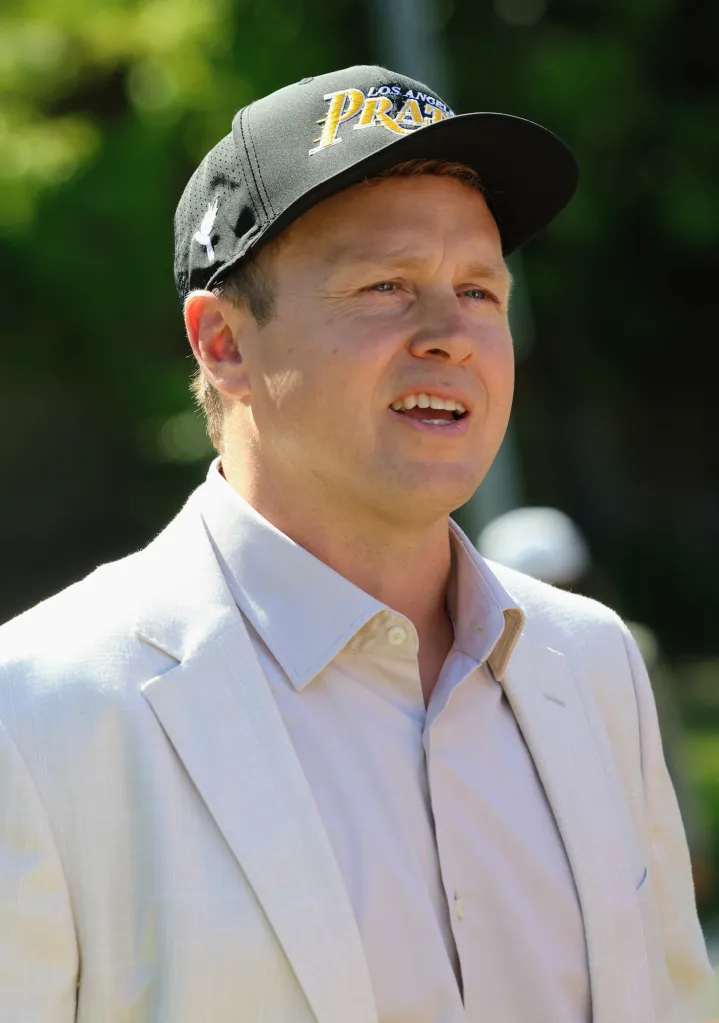 Spencer Pratt in a white blazer and a black "Los Angeles Pratt" hat.