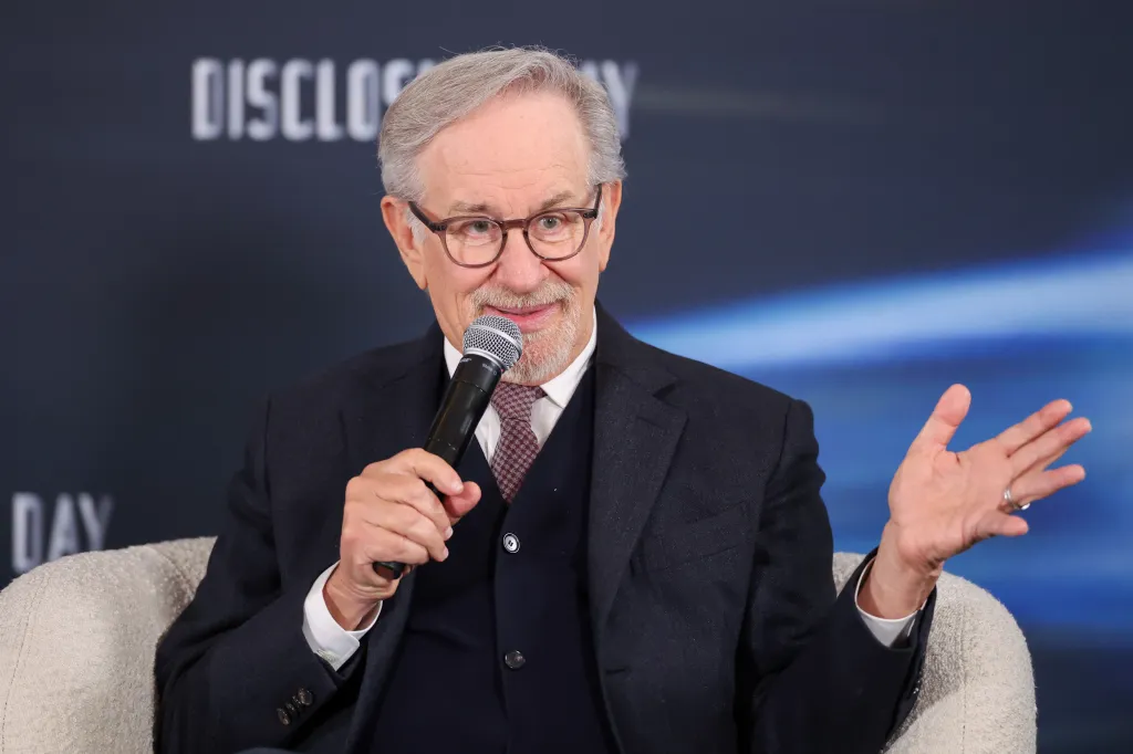 Steven Spielberg speaking at the "Disclosure Day" Paris Press Conference.