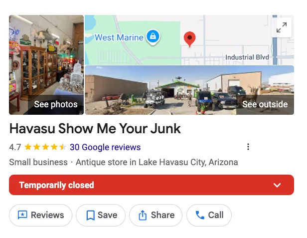 Google business listing for Havasu Show Me Your Junk, showing it is "Temporarily closed".