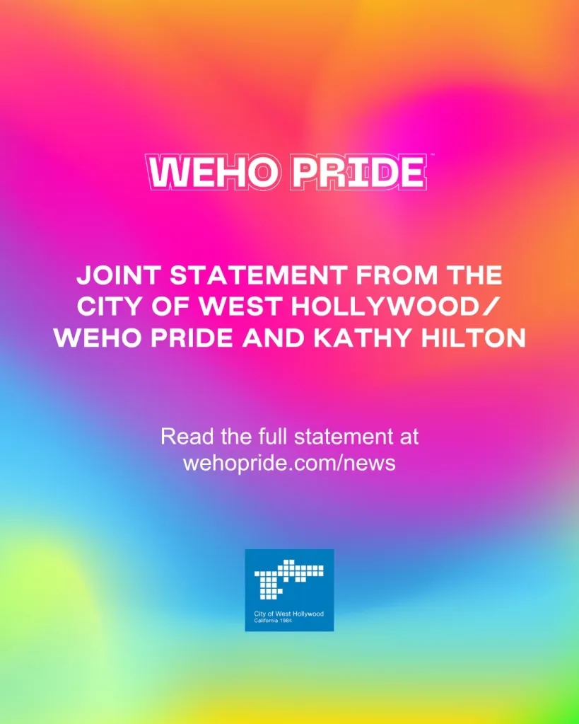 Illustration of a joint statement from the City of West Hollywood, WeHo Pride, and Kathy Hilton against a rainbow gradient background.