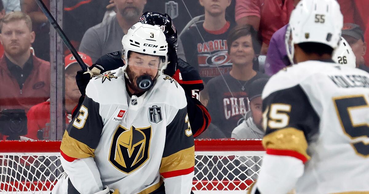 Vegas’ Brayden McNabb takes a puck to the face, forced to leave Game 2 of Stanley Cup Finals