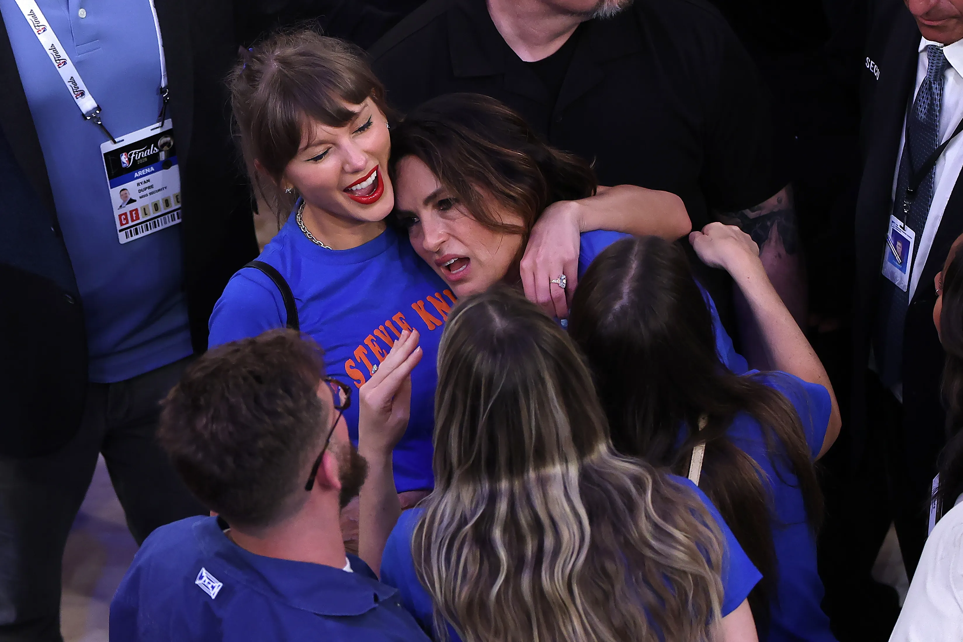 Taylor Swift and Mariska Hargitay react during Game Four of the 2026 NBA Finals.