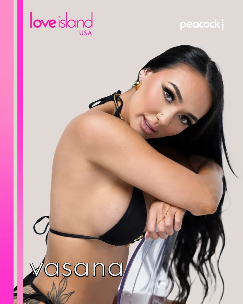Vasana Montgomery in a black bikini, from Love Island USA Season 8.