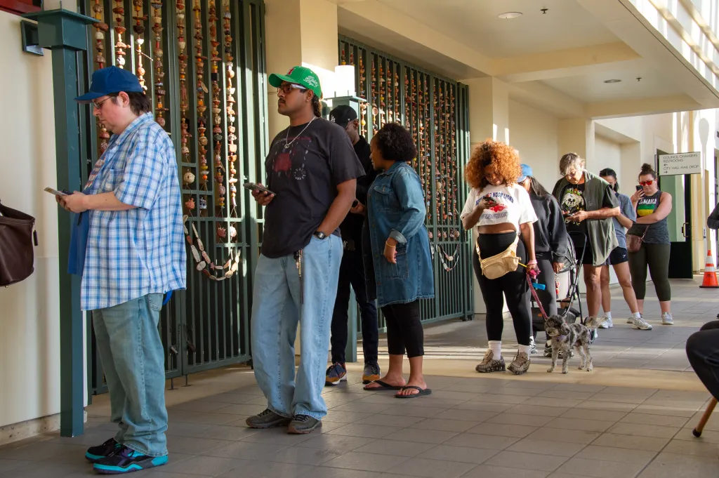 Voters stand in line at a polling place in Culver City, California.