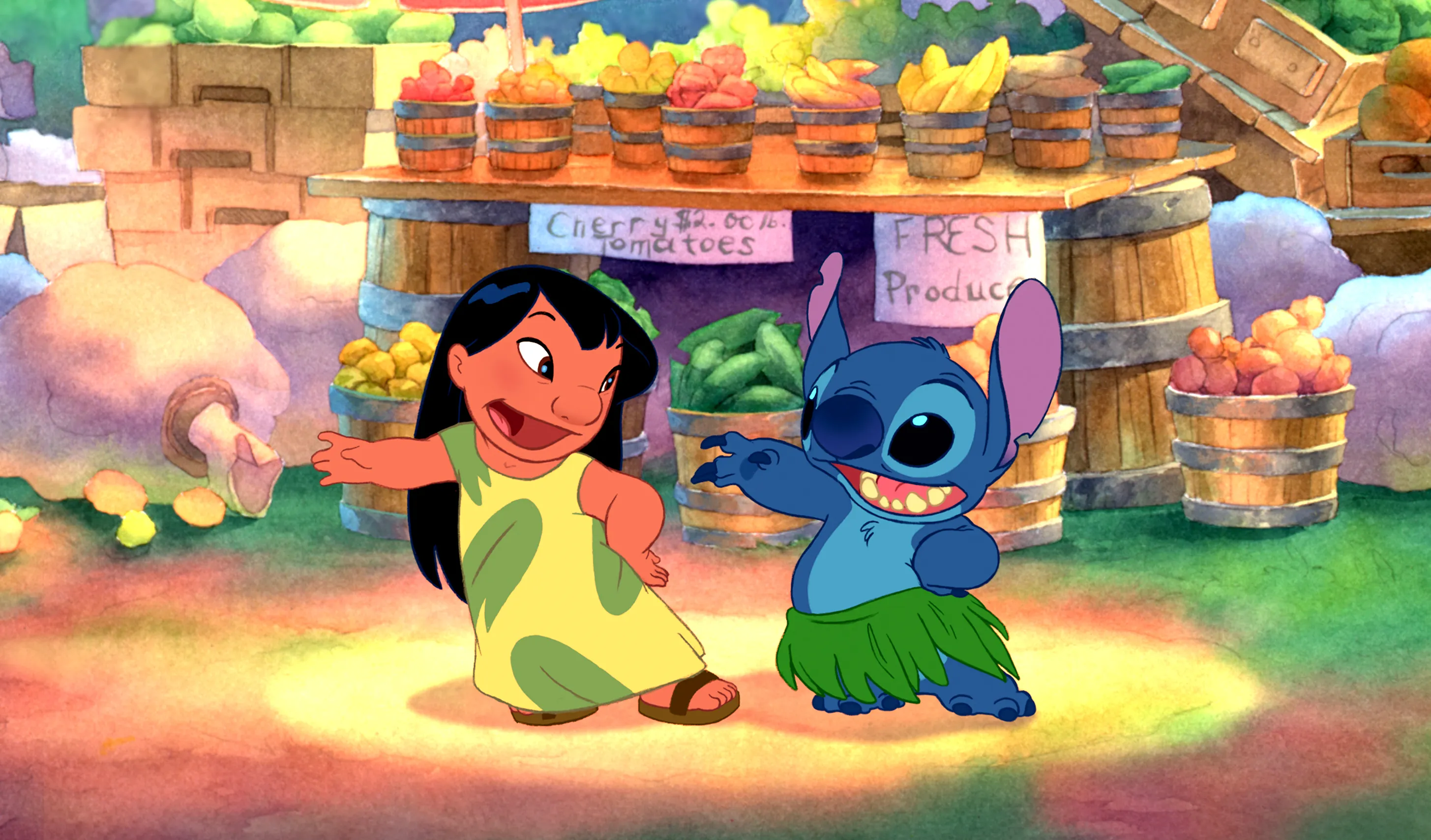 Illustration of Lilo and Stitch dancing the hula at a fruit stand.