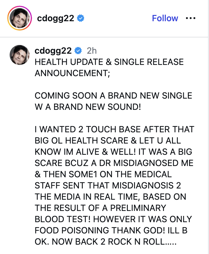 Instagram post by Corey Feldman (cdogg22) providing a health update and announcing a new single.