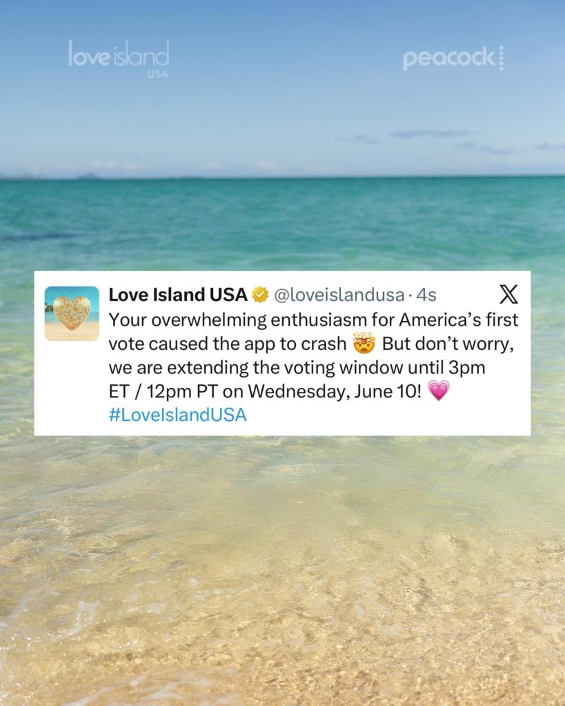 A social media post from Love Island USA announcing the extension of the voting window due to high voter enthusiasm.
