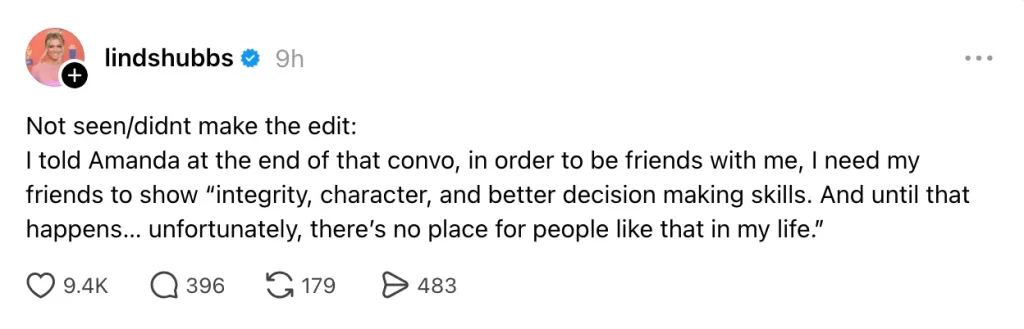 Threads post by @lindshubbs stating