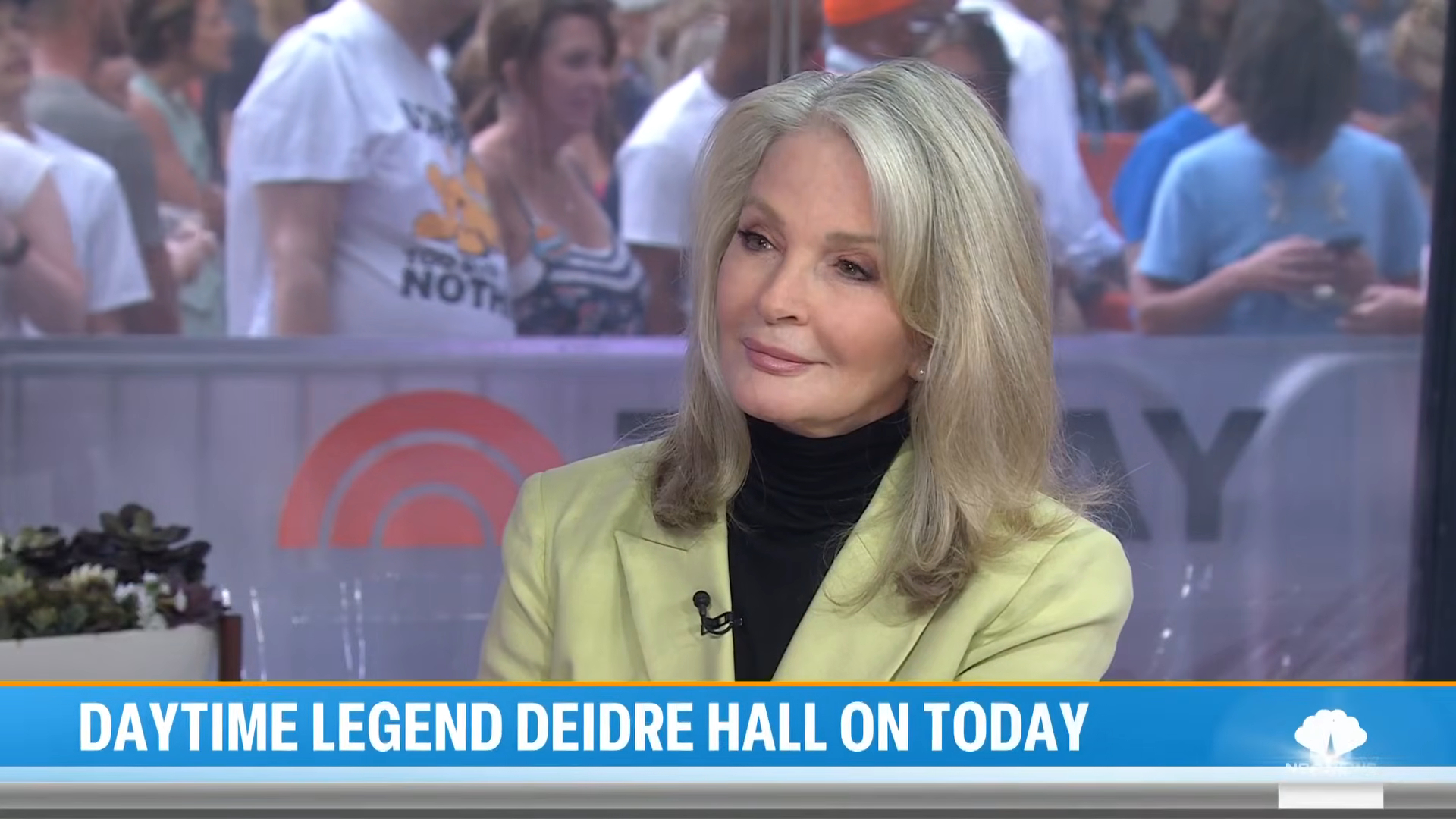 Deidre Hall on Today Show with the text "DAYTIME LEGEND DEIDRE HALL ON TODAY" below her.
