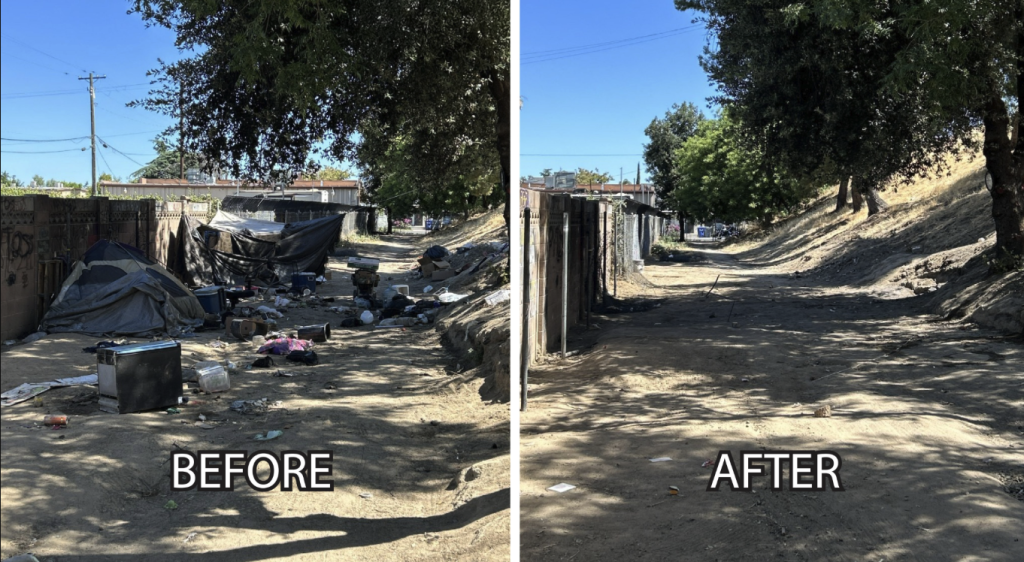 Collage of two images showing an encampment "BEFORE" with tents and debris, and "AFTER" it has been cleared away, leaving a dirt path.