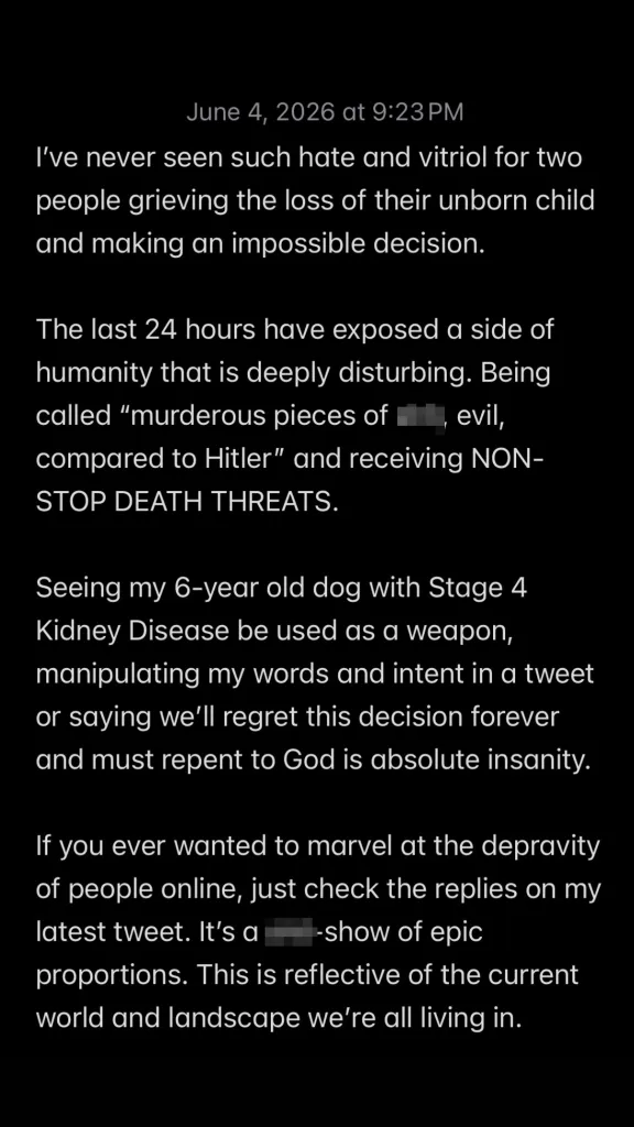Screenshot of a text post from June 4, 2026, where YouTuber Jesse Ridgway describes the backlash and death threats received after terminating a pregnancy.
