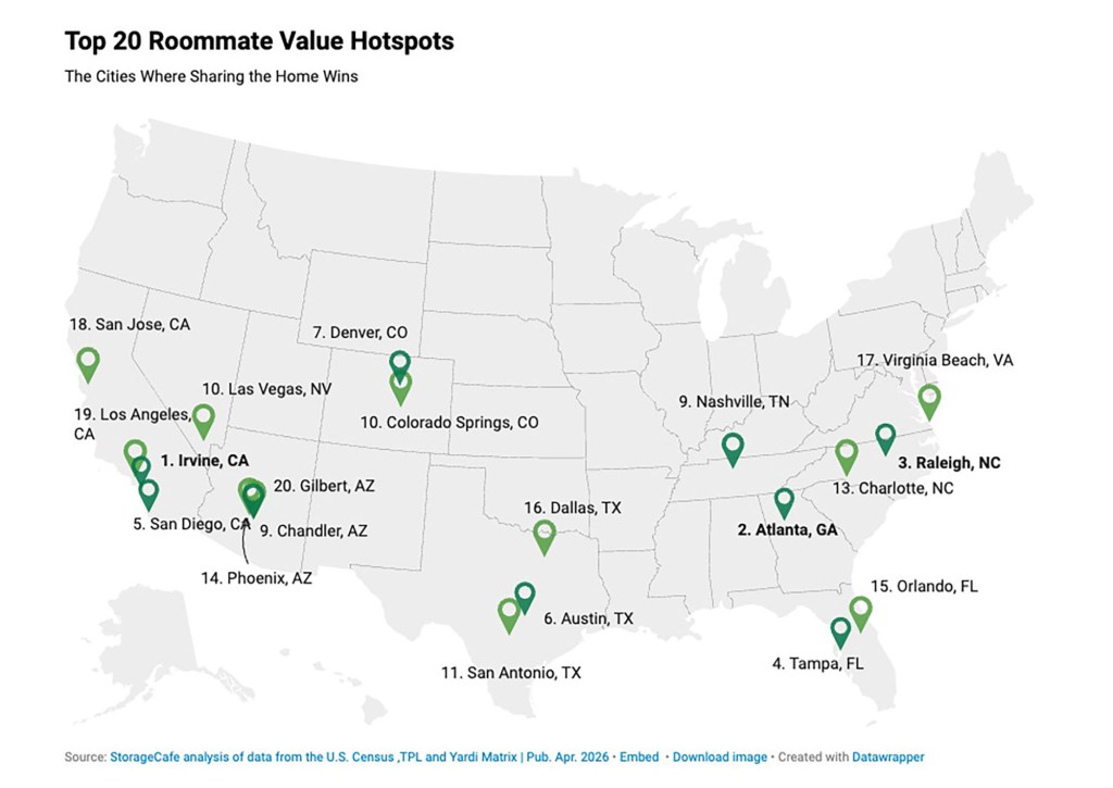 A map of the US showing the top 20 roommate value hotspots.
