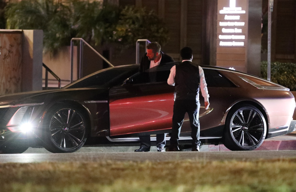 Ben Affleck exiting his new Cadillac Celestiq Electric Hatchback.