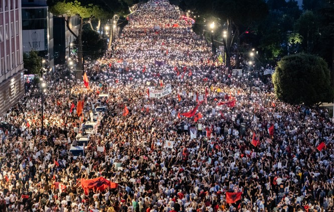 Large crowd of protestors gather in Tirana, Albania, on June 10, 2026.