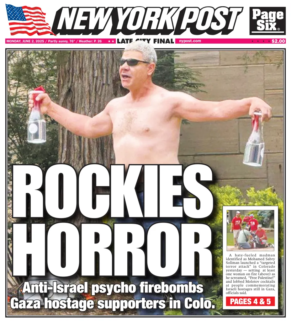New York Post front page with the headline "Rockies Horror" and a photo of Mohamed Sabry Soliman holding two Molotov cocktails.