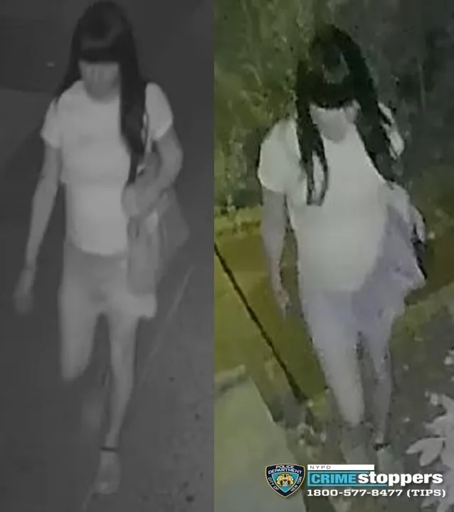 Collage of two dark security camera images showing an unidentified individual with long dark hair, bangs, a white t-shirt, and shorts walking outdoors.