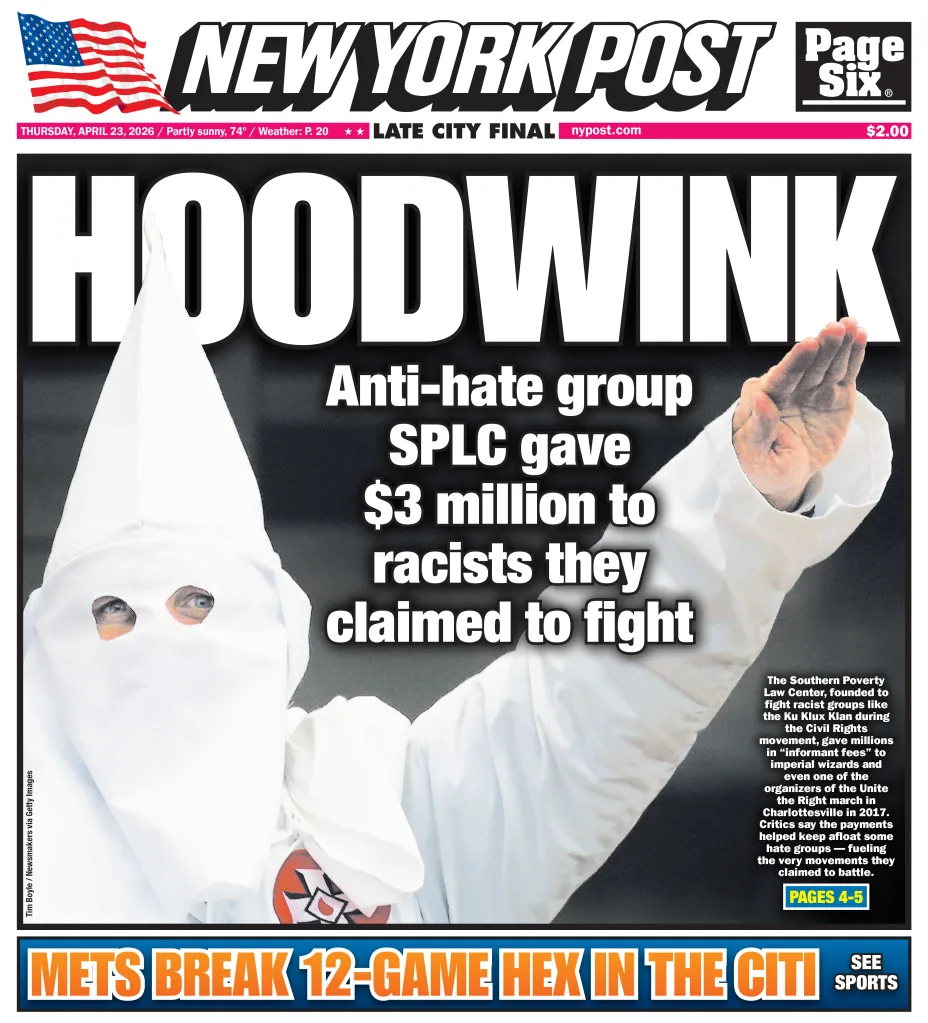 New York Post front page with the headline "Hoodwink" above a Ku Klux Klan member with their hand raised in a greeting.