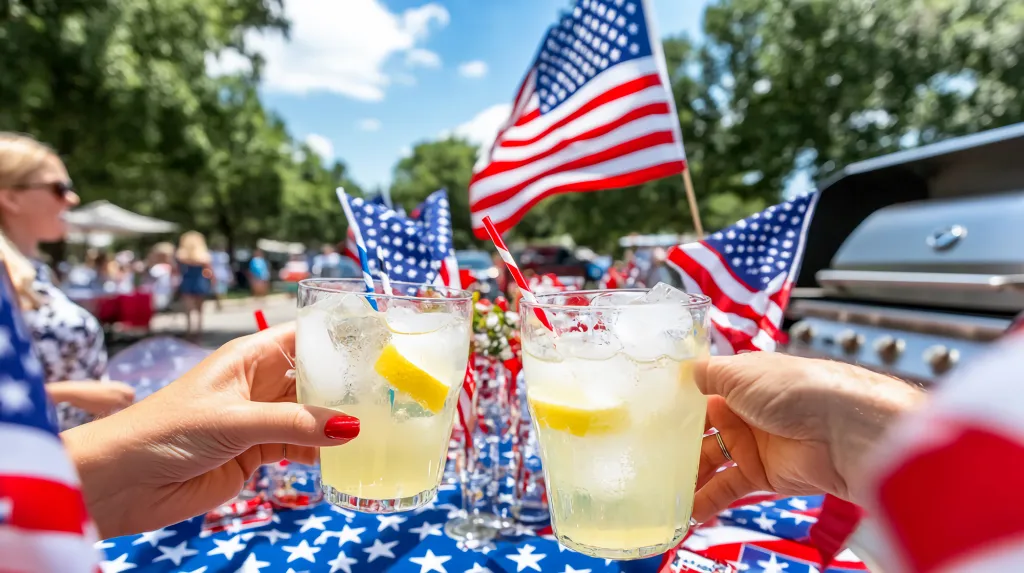 Two hands holding glasses of lemonade with American flags in the background.