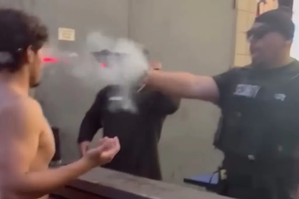 A security guard tases a man.
