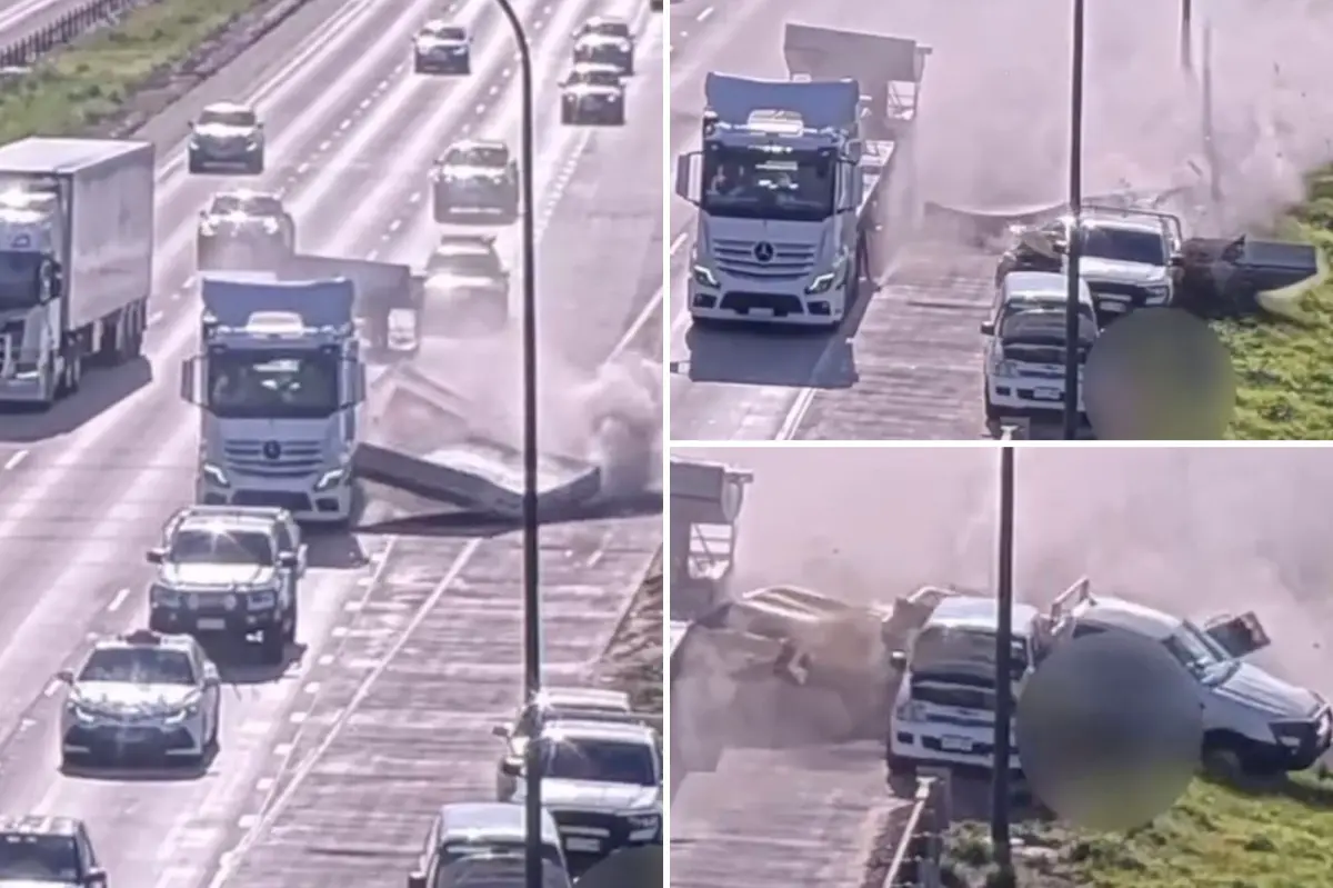 Chaotic video shows moment truck carrying concrete causes carnage on busy highway