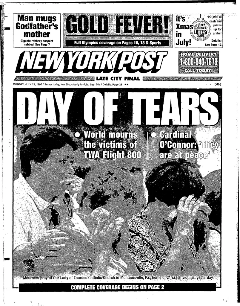 New York Post newspaper front page from July 22, 1996, with the headline "DAY OF TEARS" about the TWA Flight 800 crash.