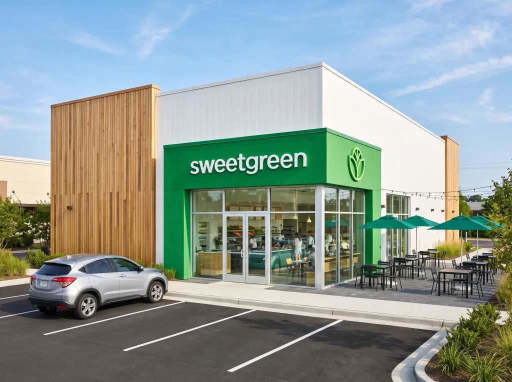 Sweetgreen restaurant with an outdoor terrace and a car in the parking lot.