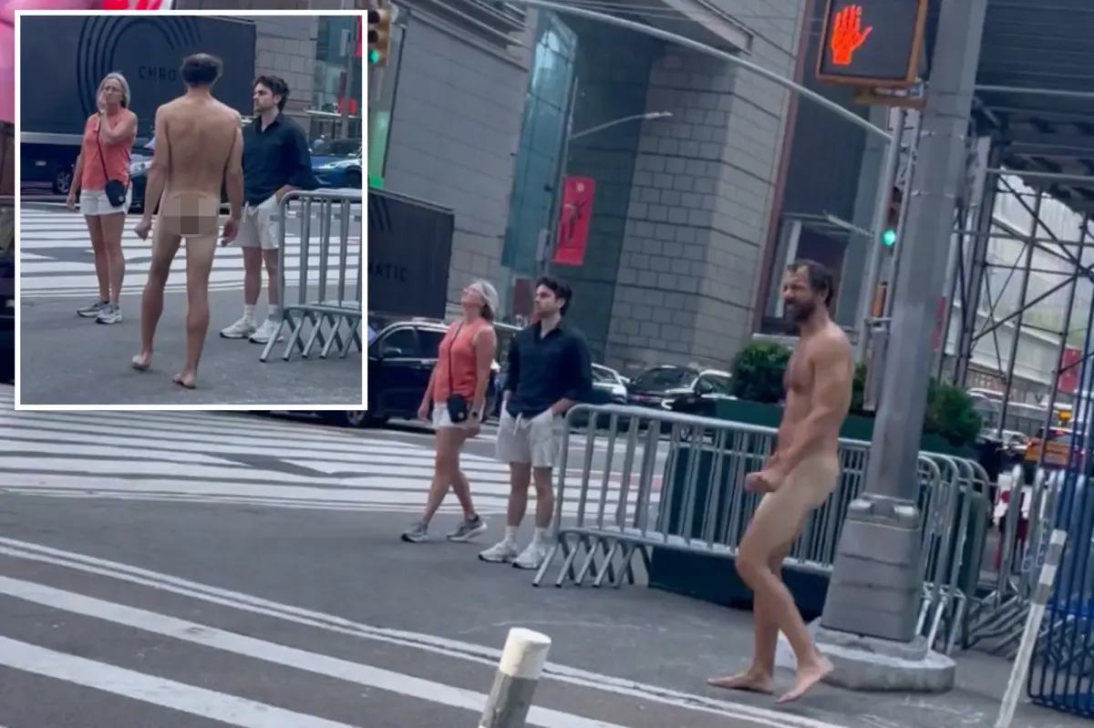 Buck-naked bum who’s not the Naked Cowboy strolls through Times Square, drawing gasps: video
