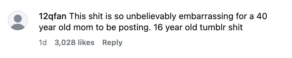 A comment on social media from user "12qfan" stating: "This sh*t is so unbelievably embarrassing for a 40 year old mom to be posting. 16 year old tumblr sh*t". The comment received 3,028 likes.