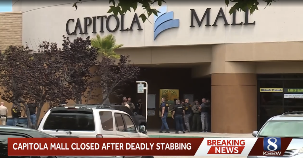 The Capitola Mall entrance with police gathered outside and a news banner stating "CAPITOLA MALL CLOSED AFTER DEADLY STABBING".