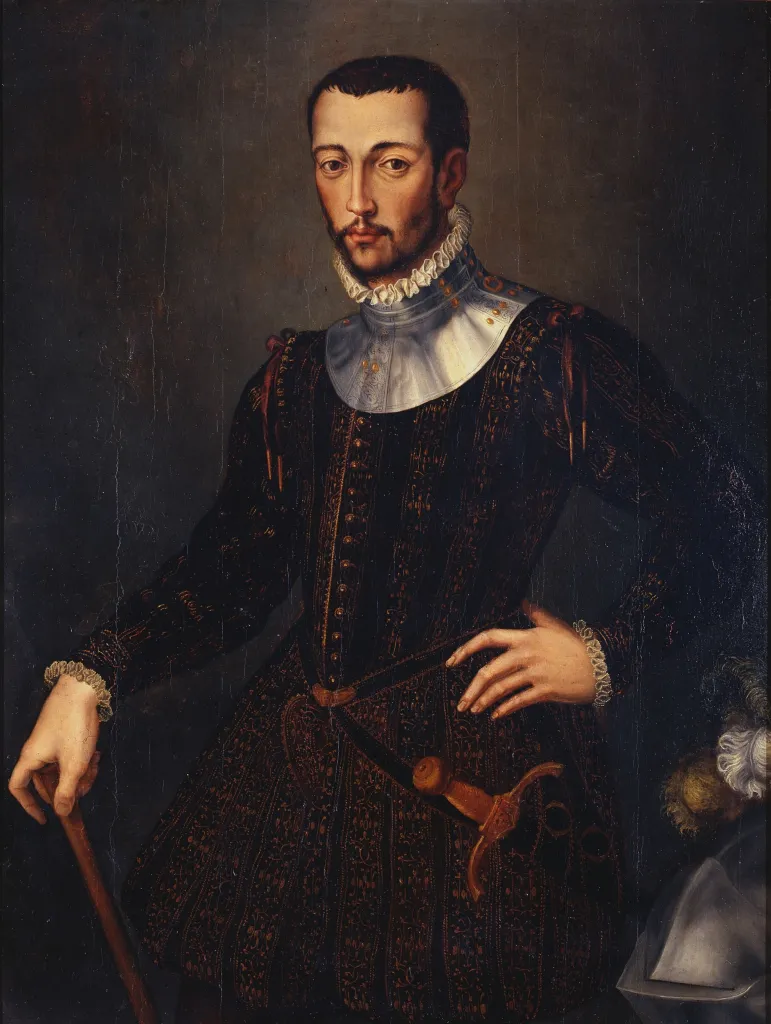 Portrait of Francesco I de' Medici, Grand Duke of Tuscany, in an ornate dark suit and white ruffled collar.