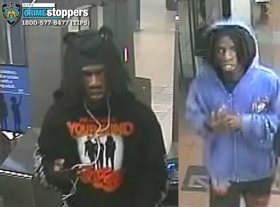 Collage of two images of two male individuals sought by NYPD Crime Stoppers.