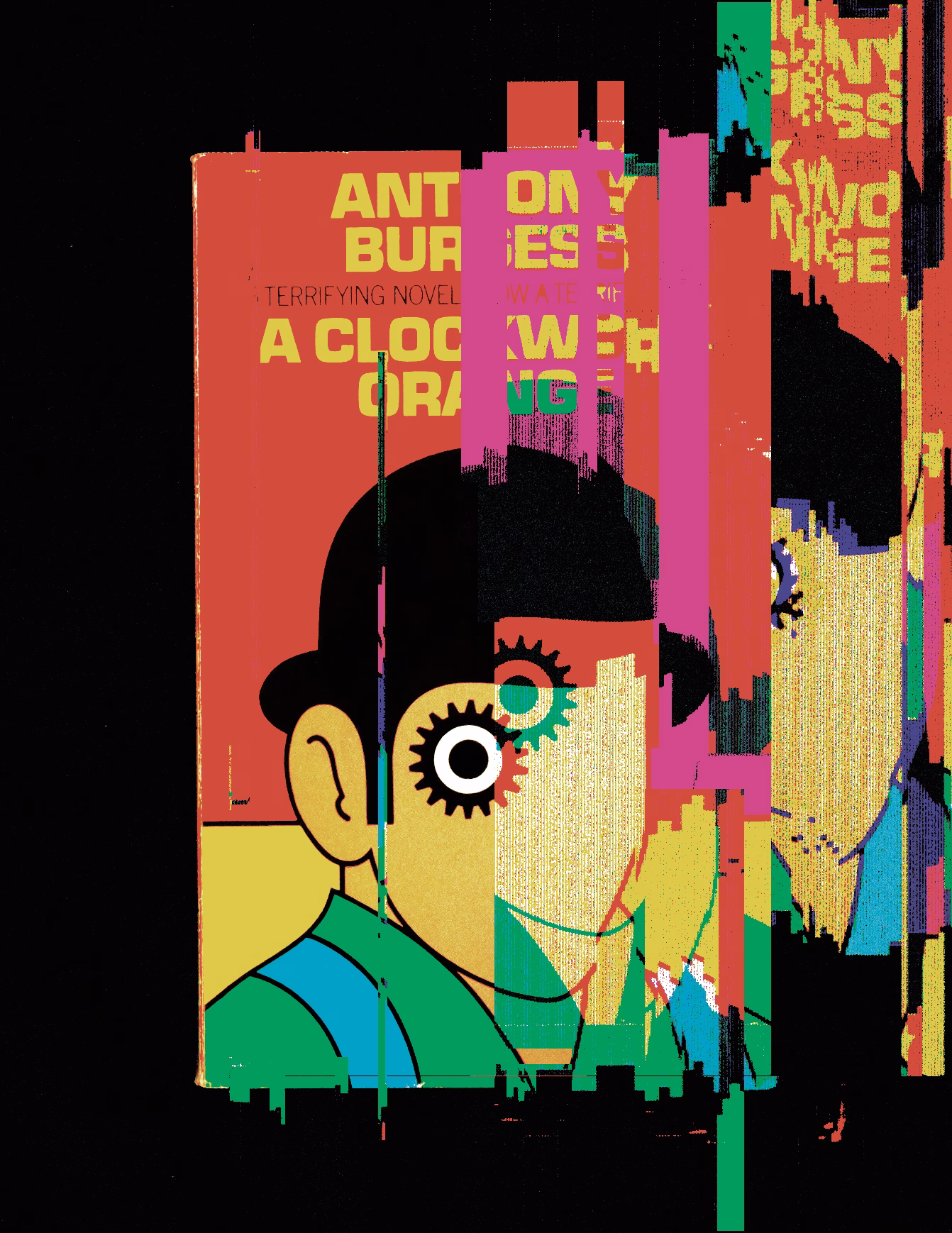 illustration with cover of book 'A Clockwork Orange' disintegrating into digital noise on black background