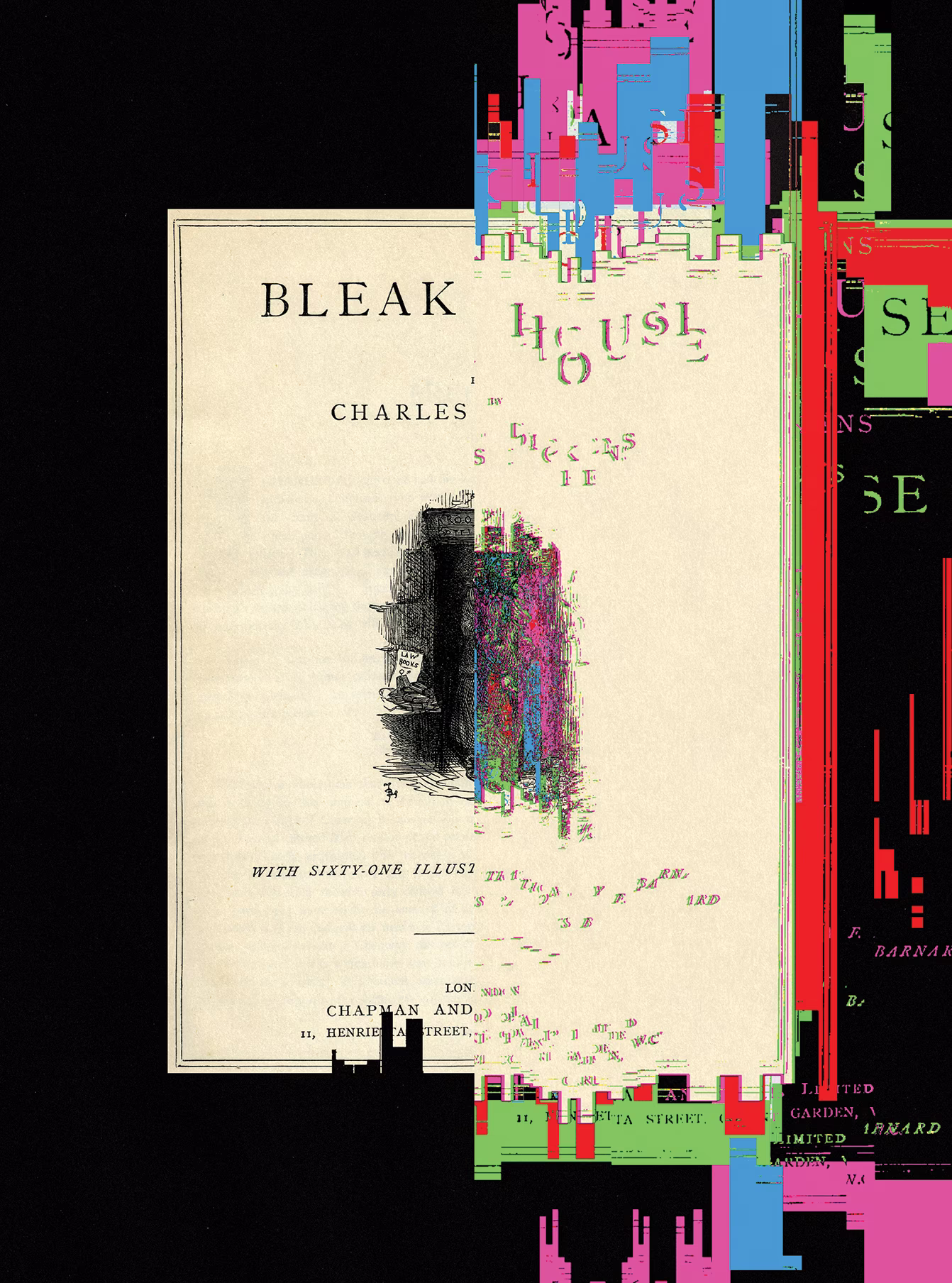 illustration with cover of book 'Bleak House' disintegrating into digital noise on black background