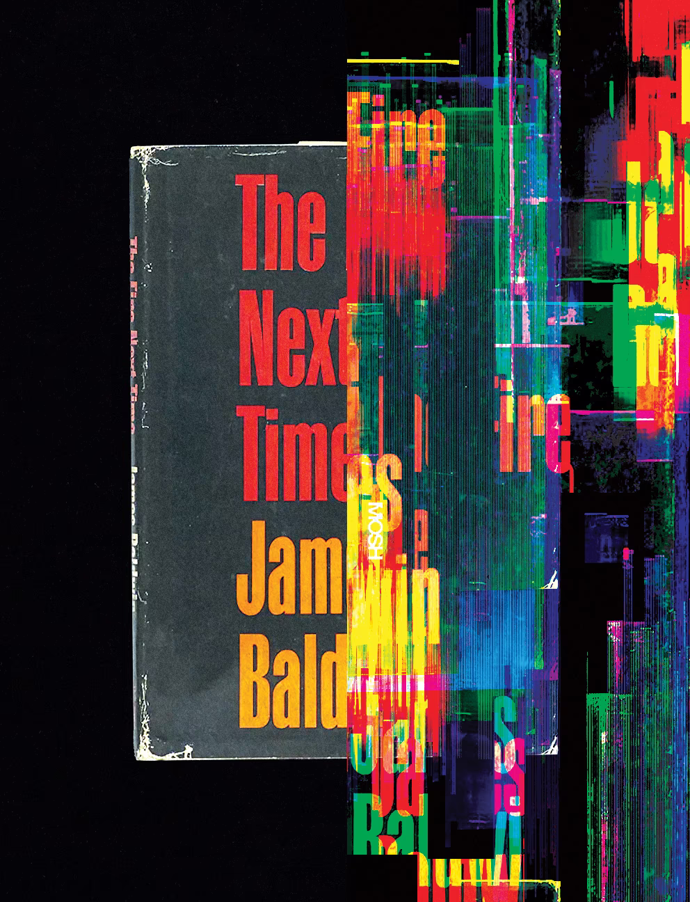 illustration with cover of book 'The Fire Next Time' disintegrating into digital noise on black background