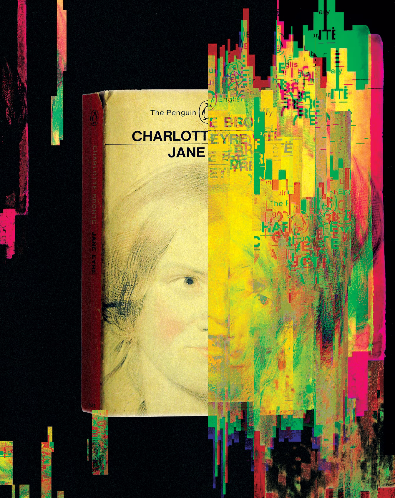 illustration with cover of book 'Jane Eyre' disintegrating into digital noise on black background