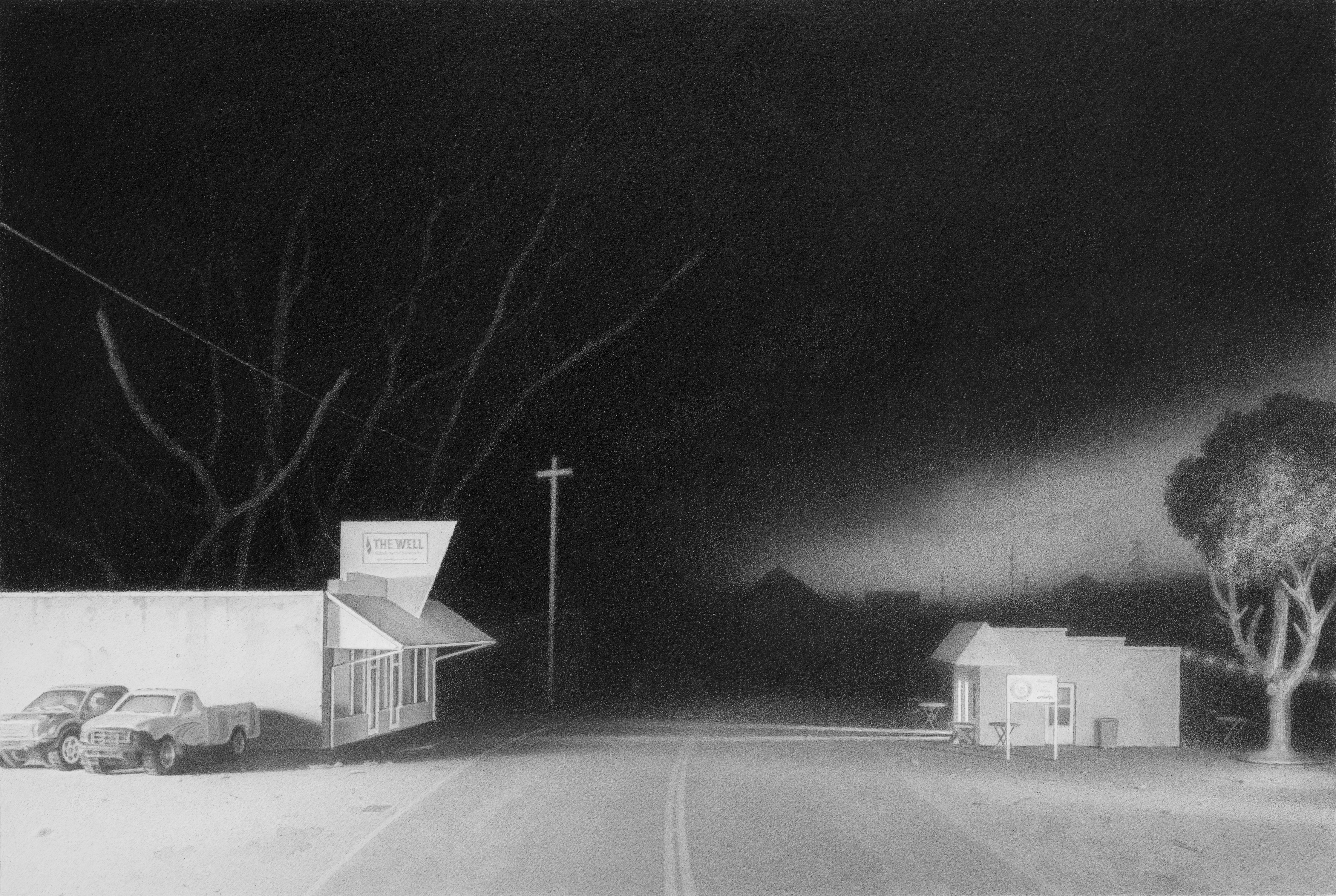 black-and-white illustration showing small-town road with storefront church on one side and bookstore across, with gathering black clouds overshadowing