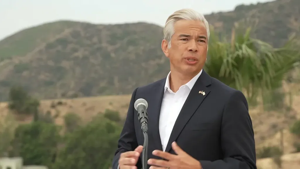 California AG Rob Bonta addresses media in the hours after filing a joint antitrust lawsuit to block the Paramount-Warner Bros. Discovery merger. (YouTube)
