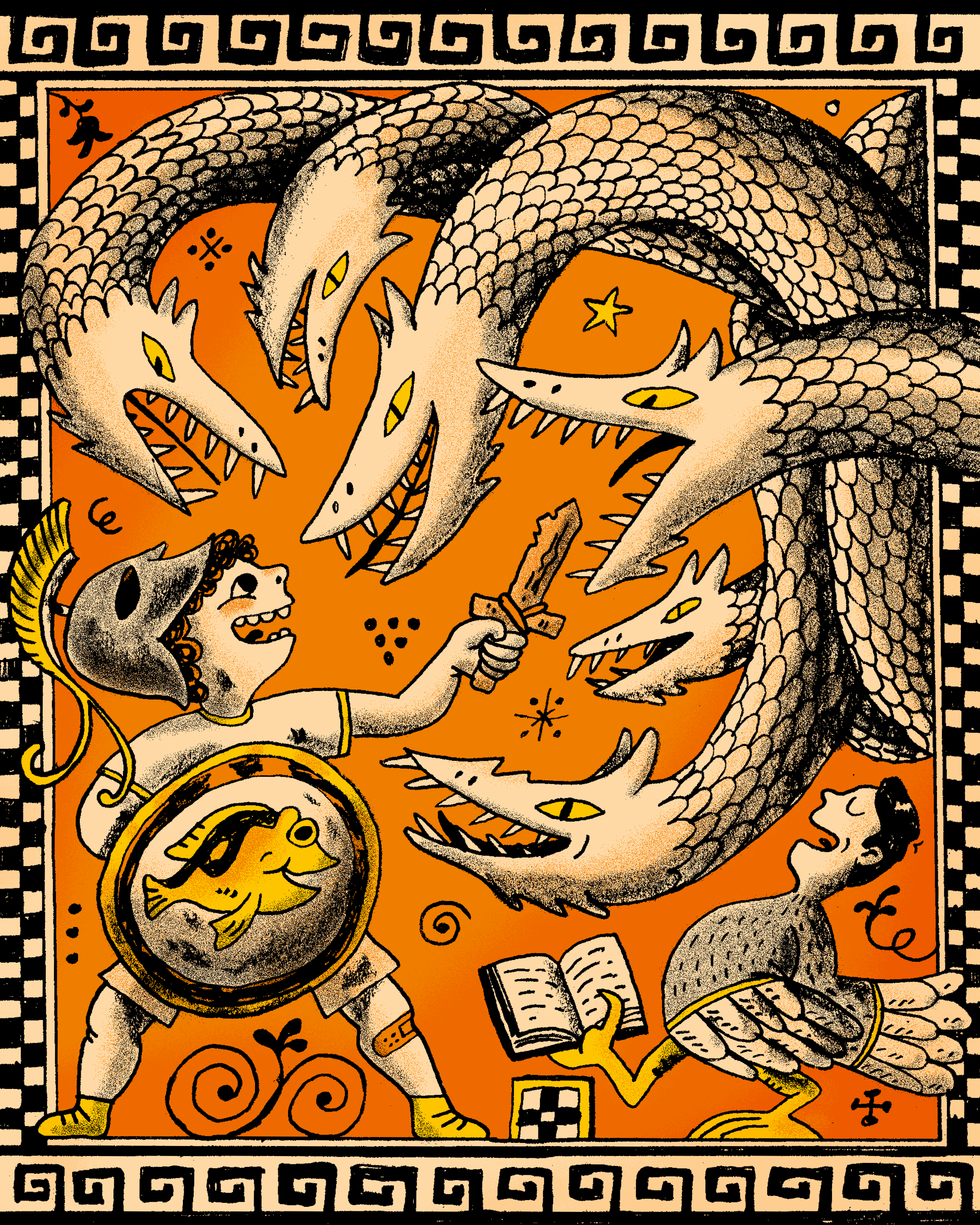 A Grecian-looking illustration showing a child play-fighting the Scylla, a monster from 