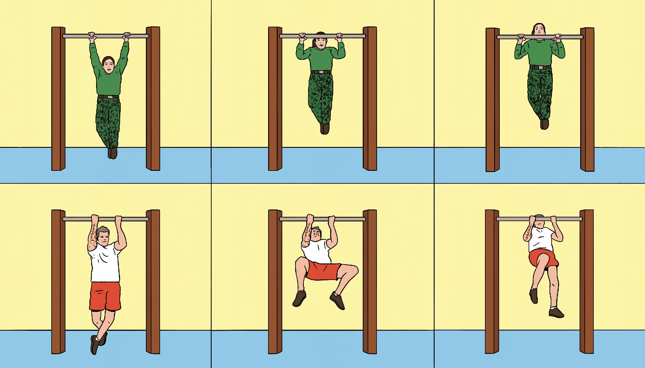 a cartoon illustration of a Marine Corps officer demonstrating proper pull-up form across three frames of the top row; beneath, Pete Hegseth performing a pull-up improperly