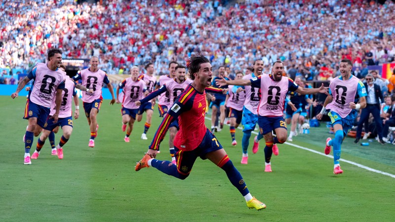 Spain's Ferran Torres celebrating scoring their side's first goal of the game during the FIFA World Cup 2026 final at the New York-New Jersey Stadium