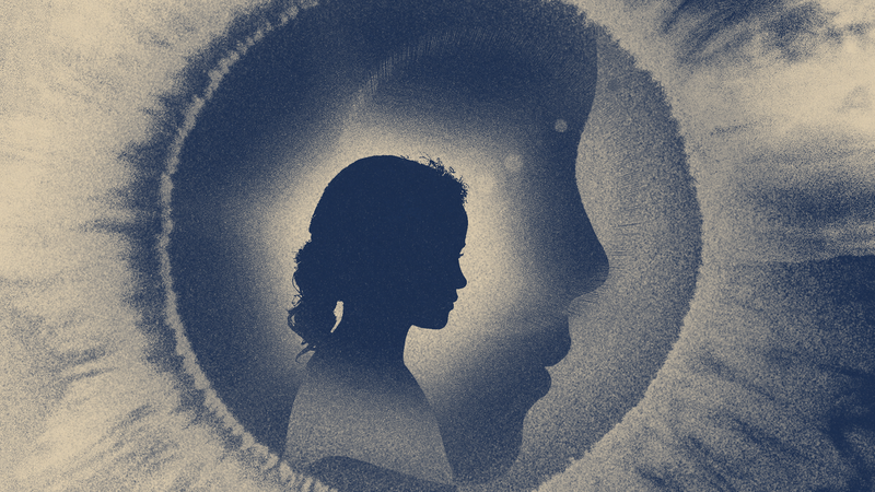 An illustration of the silhouette of a girl inside the watercolor painting of an eye