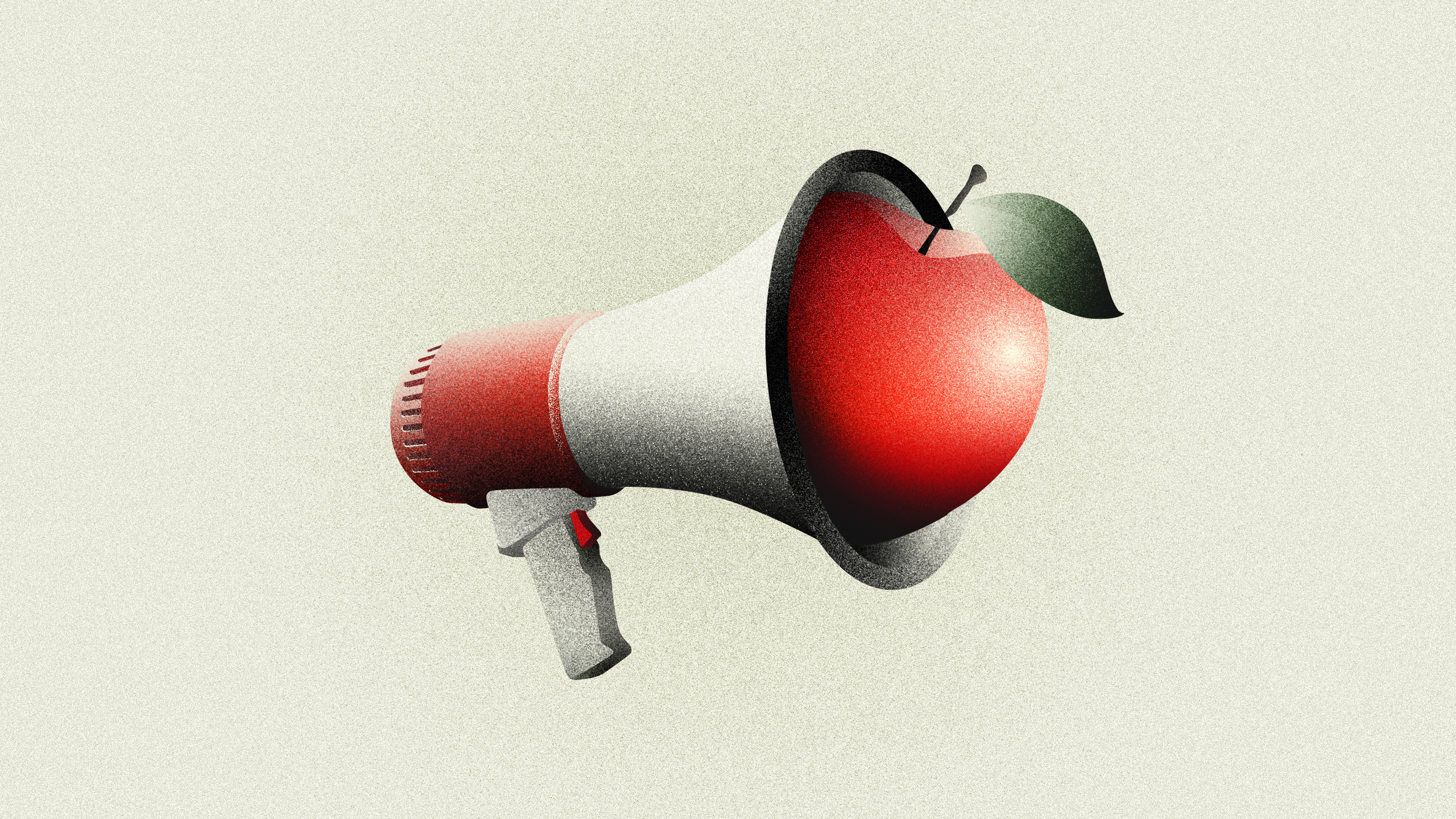 An illustration of a megaphone with a red apple blocking the speaker