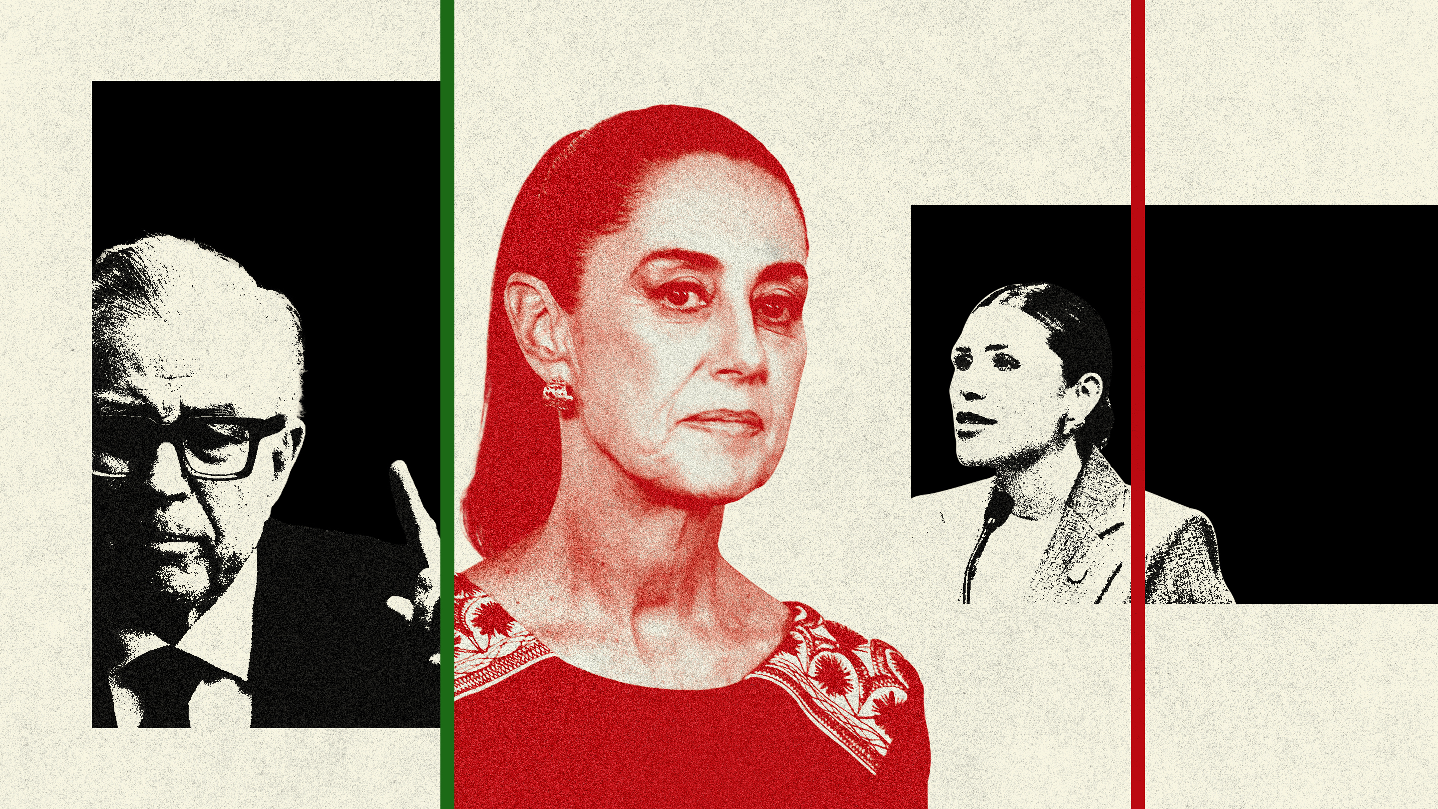 An illustration of Ruben Mocha Moya (left), Claudia Sheinbaum (middle), and Marina del Pilar (right)