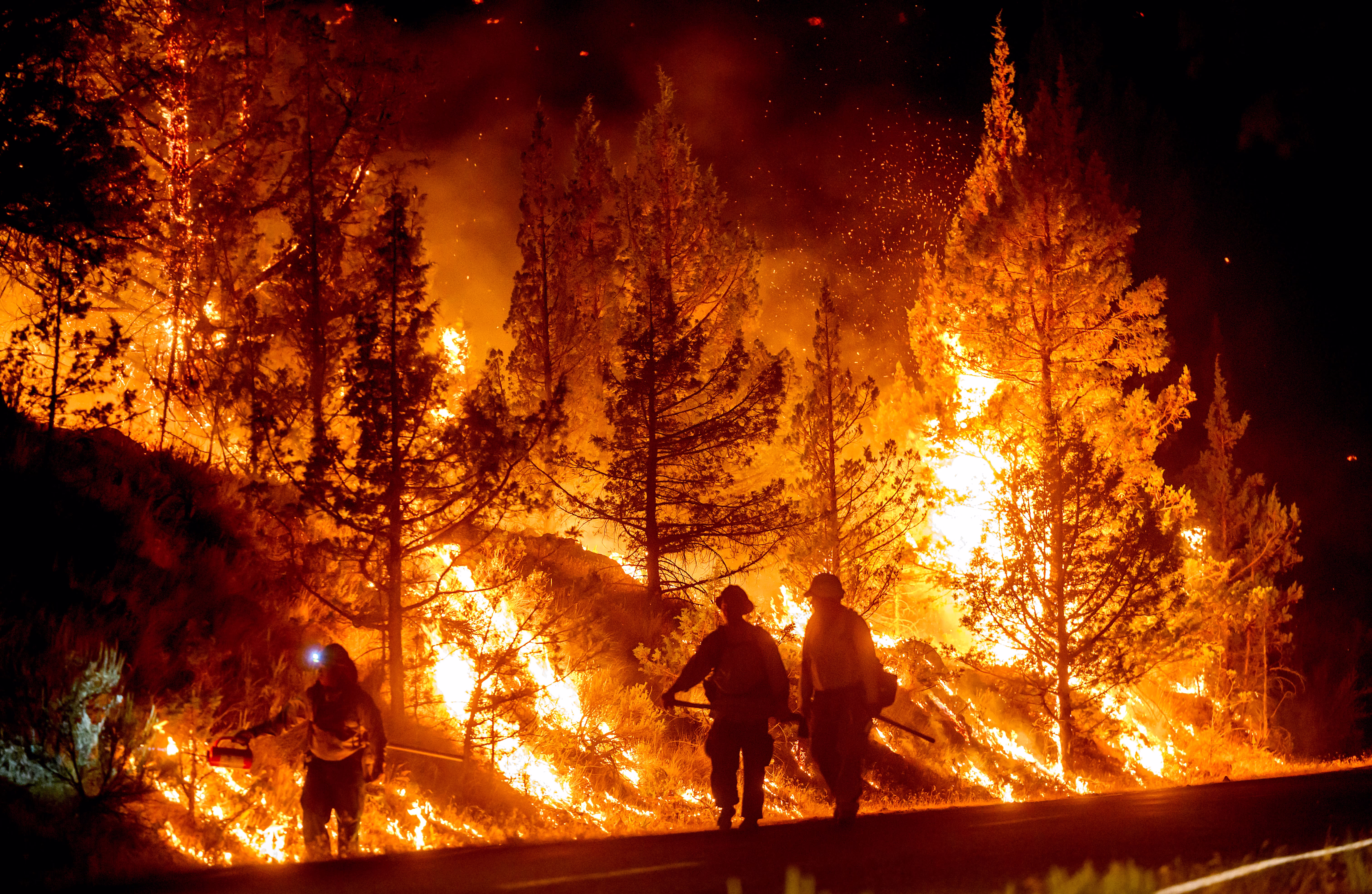 Three firefighters walk on a road beside a burning forest at night.