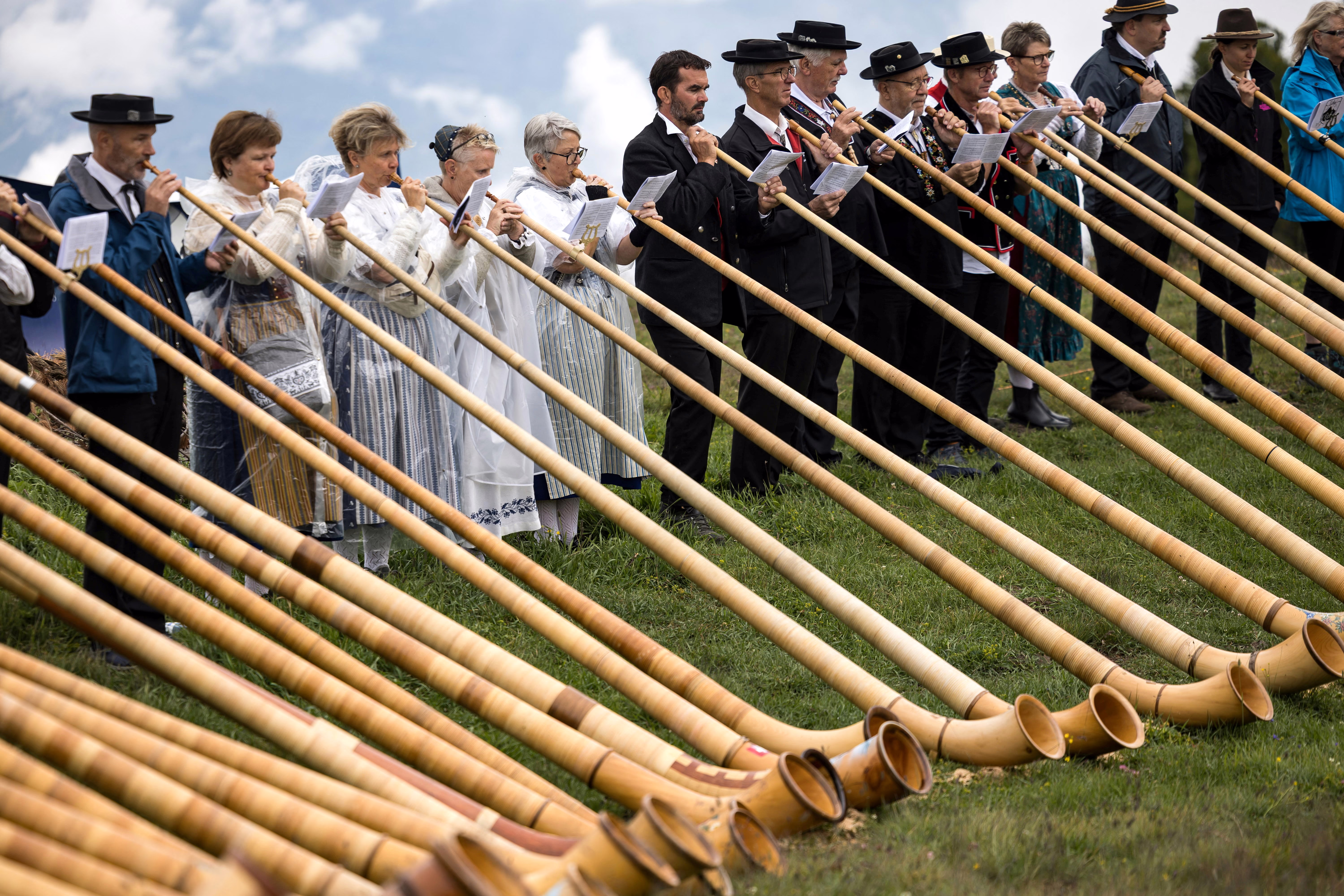 Alphorn blowers perform an ensemble piece, blowing into very long horns while standing together in a pasture.
