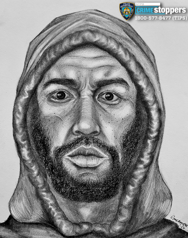 Illustration of the suspected individual with a beard and wearing a hoodie.