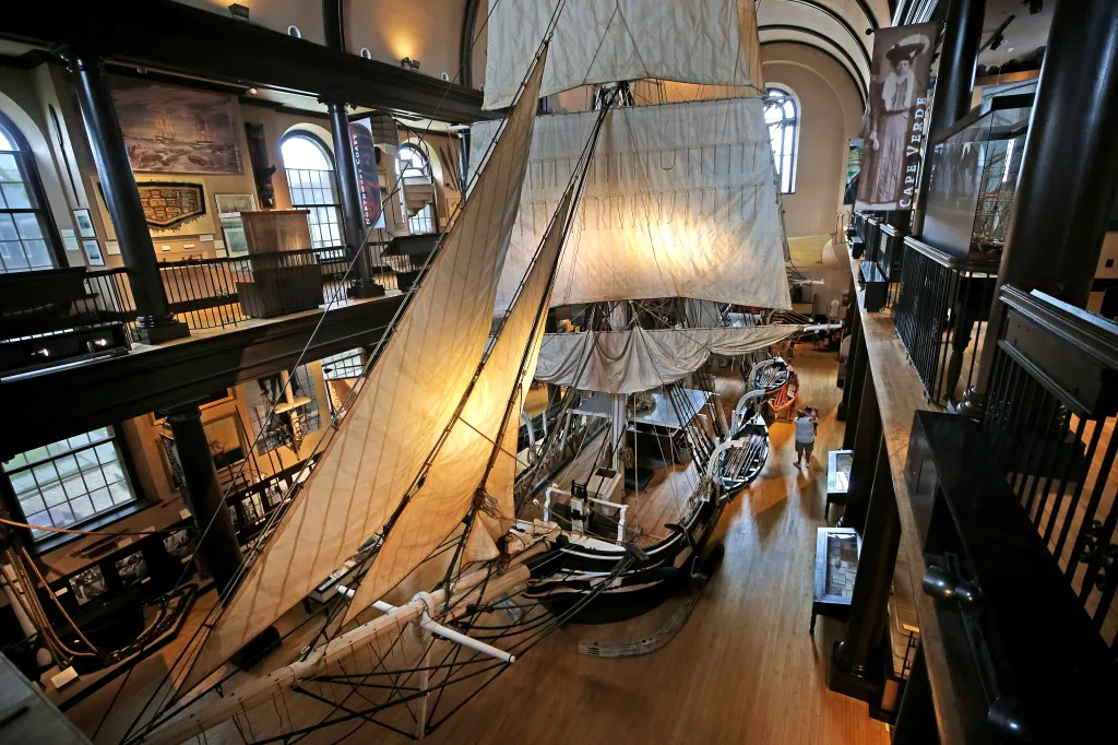 View of the Lagoda, a half-scale model of a whaling bark, inside the New Bedford Whaling Museum.